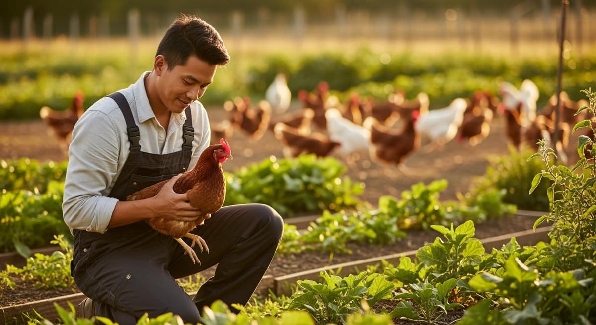 Chủ trang trại trẻ kiểm tra sức khỏe đàn gà theo tiêu chuẩn VietGAP