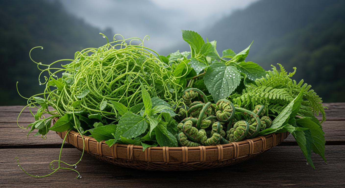 Bộ ba rau rừng đặc sản: rau bò khai, rau sắng và rau dớn tươi ngon trong giỏ mây tre đan truyền thống.