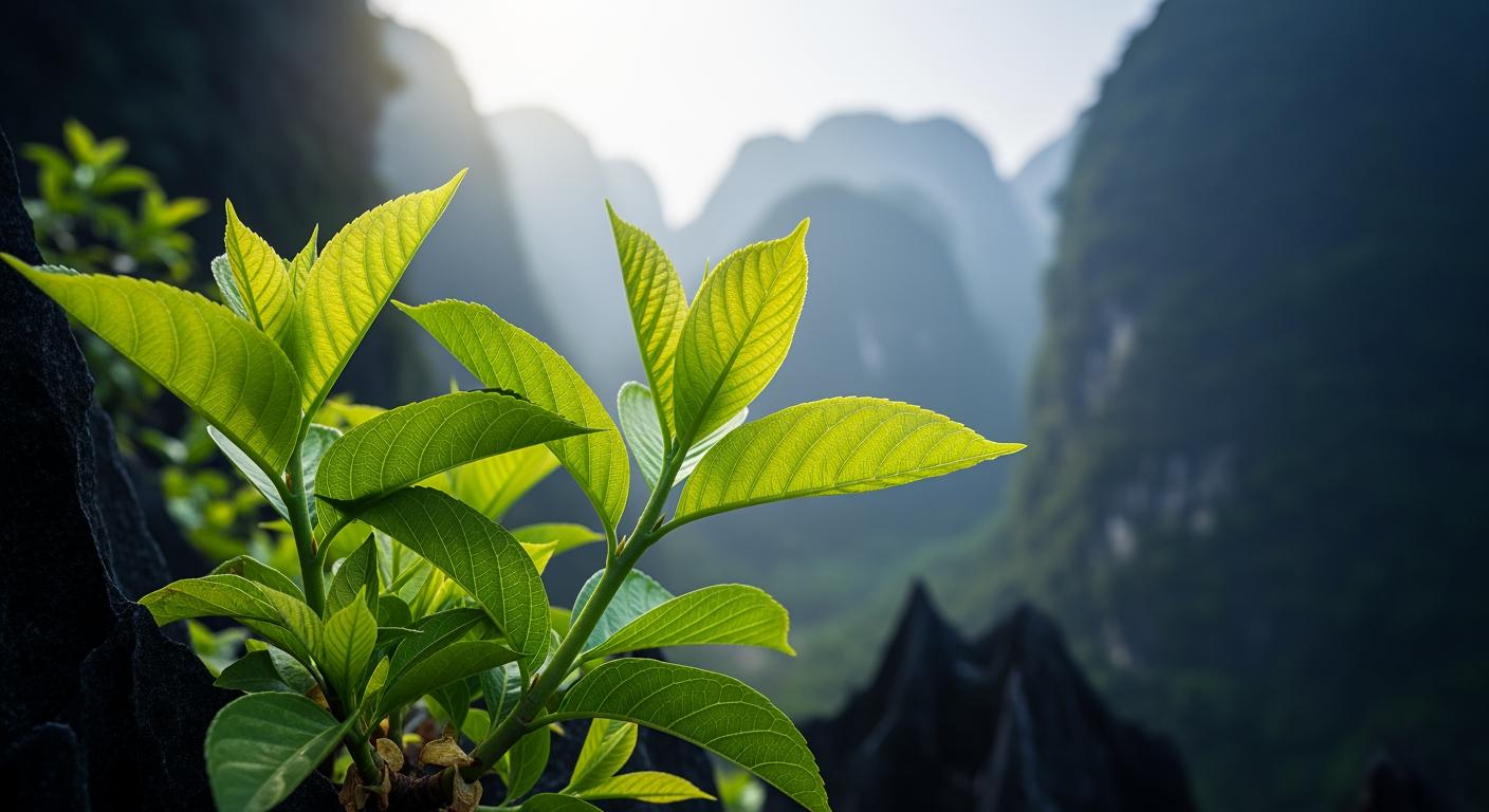 Cận cảnh rau sắng Chùa Hương mọc tự nhiên trên vách núi đá vôi trong màn sương mờ.