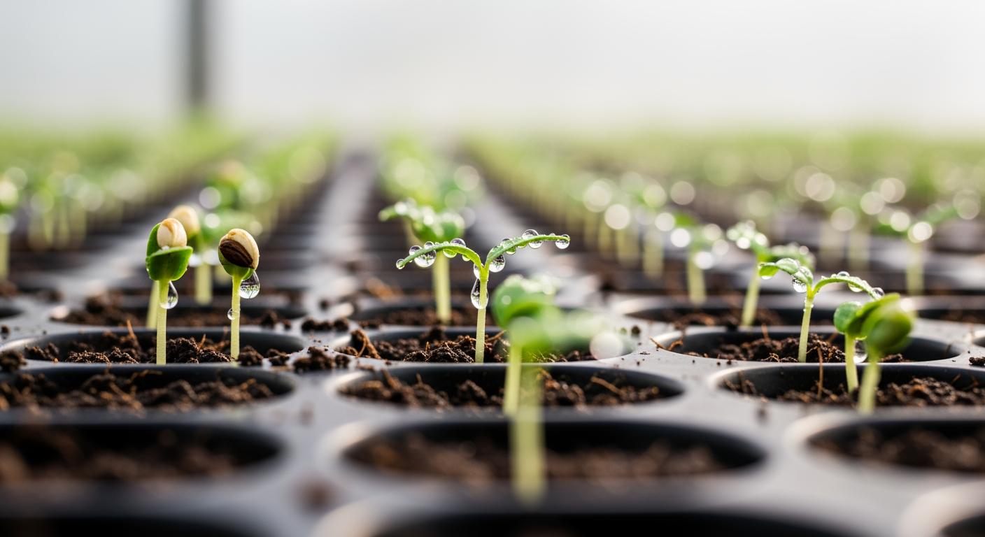 Hạt giống và cây con rau sắng đang nảy mầm trong vườn ươm hiện đại.