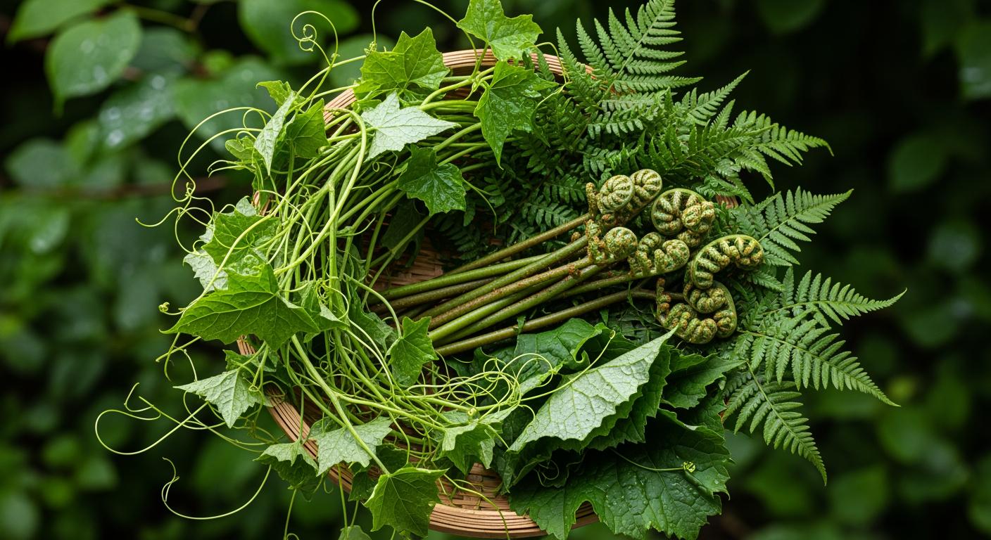 Các loại rau rừng bản địa tươi xanh gồm rau bò khai và rau sắng được đặt trong giỏ tre truyền thống