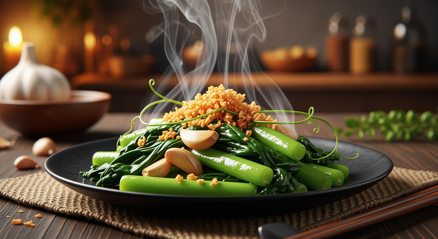 Món rau bò khai xào tỏi thơm lừng, giữ trọn màu xanh mướt mắt trên đĩa sứ trắng.