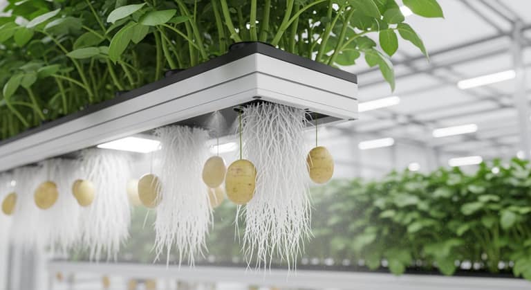 Mô hình trồng khoai tây khí canh hiện đại với hệ thống rễ và củ lơ lửng trong không khí