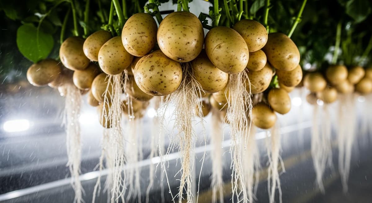 Cận cảnh năng suất đột phá của khoai tây khí canh với hàng chục củ vàng óng treo lơ lửng trên bộ rễ trắng sạch.