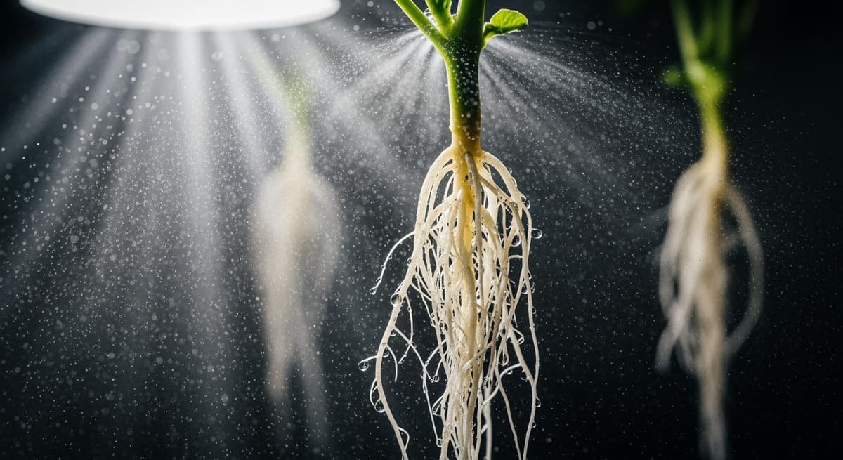 Hệ thống phun sương dinh dưỡng siêu mịn bao phủ bộ rễ khoai tây trong môi trường khí canh tối ưu oxy.