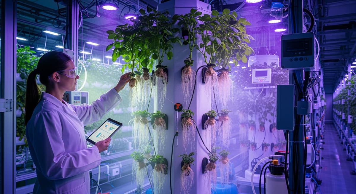 Kỹ thuật viên kiểm tra hệ thống giàn treo và nồng độ dinh dưỡng trong quy trình nhân giống khoai tây khí canh.