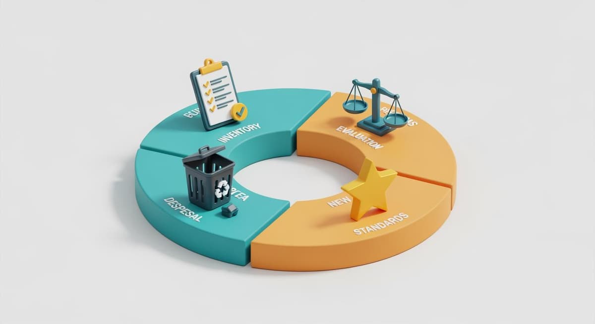 Quy trình 4 bước cắt giảm thuốc thú y dư thừa: Kiểm kê, Đánh giá, Loại bỏ và Thiết lập định mức.