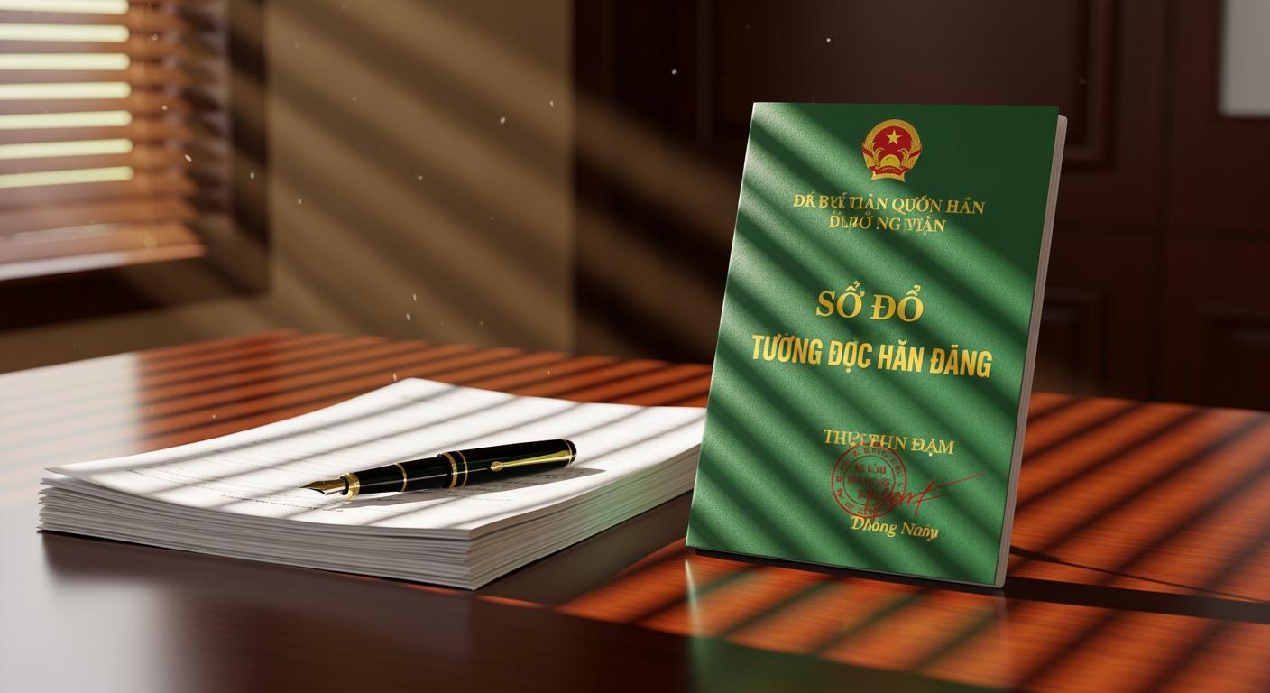 Bộ hồ sơ xin chuyển mục đích sử dụng đất và sổ đỏ đặt trên bàn gỗ trang trọng