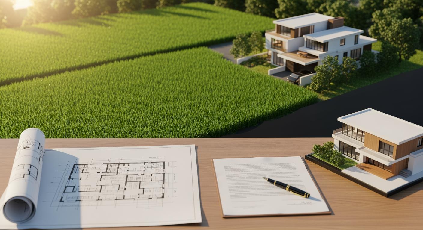 Hình ảnh minh họa sự chuyển đổi từ đất nông nghiệp xanh mướt sang công trình xây dựng hiện đại trên nền bản vẽ kỹ thuật và hồ sơ pháp lý.