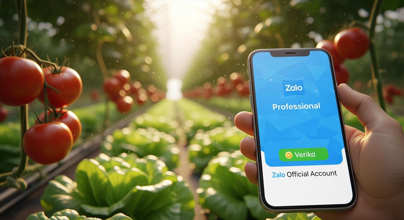 Giao diện Zalo OA hiện đại hiển thị trên điện thoại thông minh đặt giữa vườn nông sản sạch