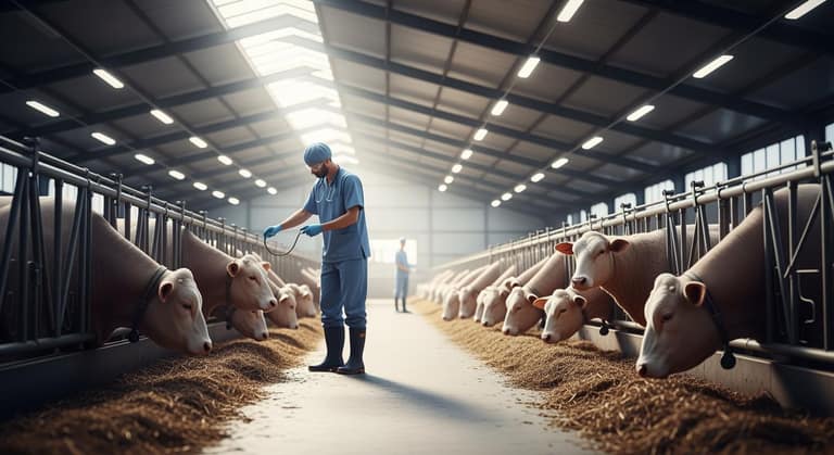 Bác sĩ thú y đang kiểm tra sức khỏe và thực hiện các biện pháp phòng bệnh cho vật nuôi tại trang trại hiện đại