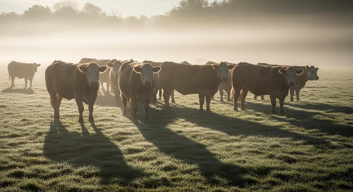 Bác sĩ thú y quan sát đàn bò trong sương mù buổi sáng, minh họa sự thay đổi thời tiết giao mùa ảnh hưởng đến vật nuôi.