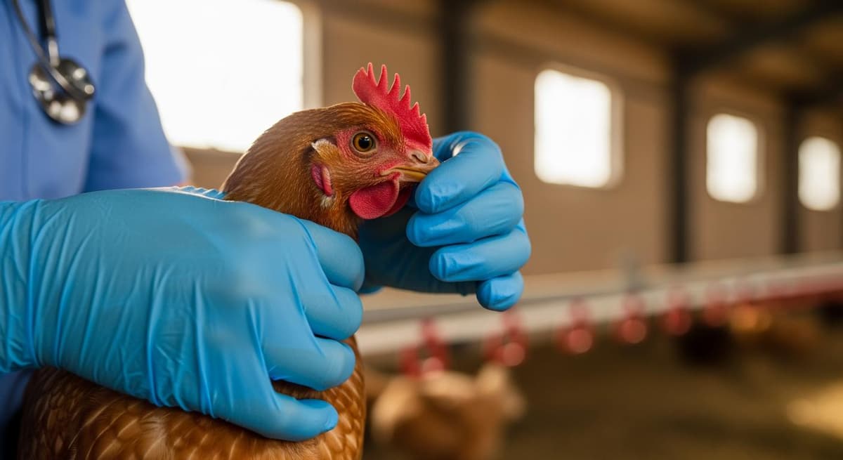 Cận cảnh bác sĩ thú y đang kiểm tra triệu chứng lâm sàng trên gia cầm để phát hiện bệnh đường hô hấp.