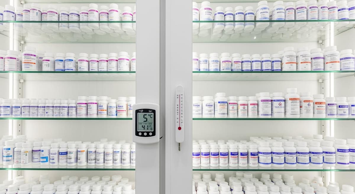 Tủ bảo quản thuốc thú y chuyên nghiệp tại trang trại với nhiệt độ và ánh sáng được kiểm soát.