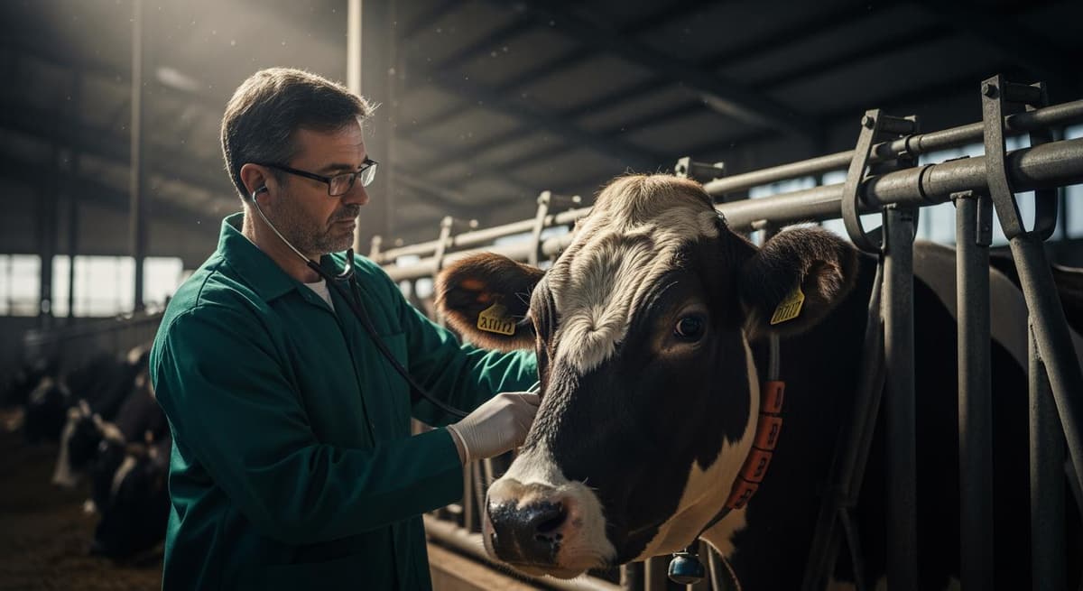 Bác sĩ thú y chuyên nghiệp sử dụng ống nghe để khám sức khỏe định kỳ cho bò tại trang trại.
