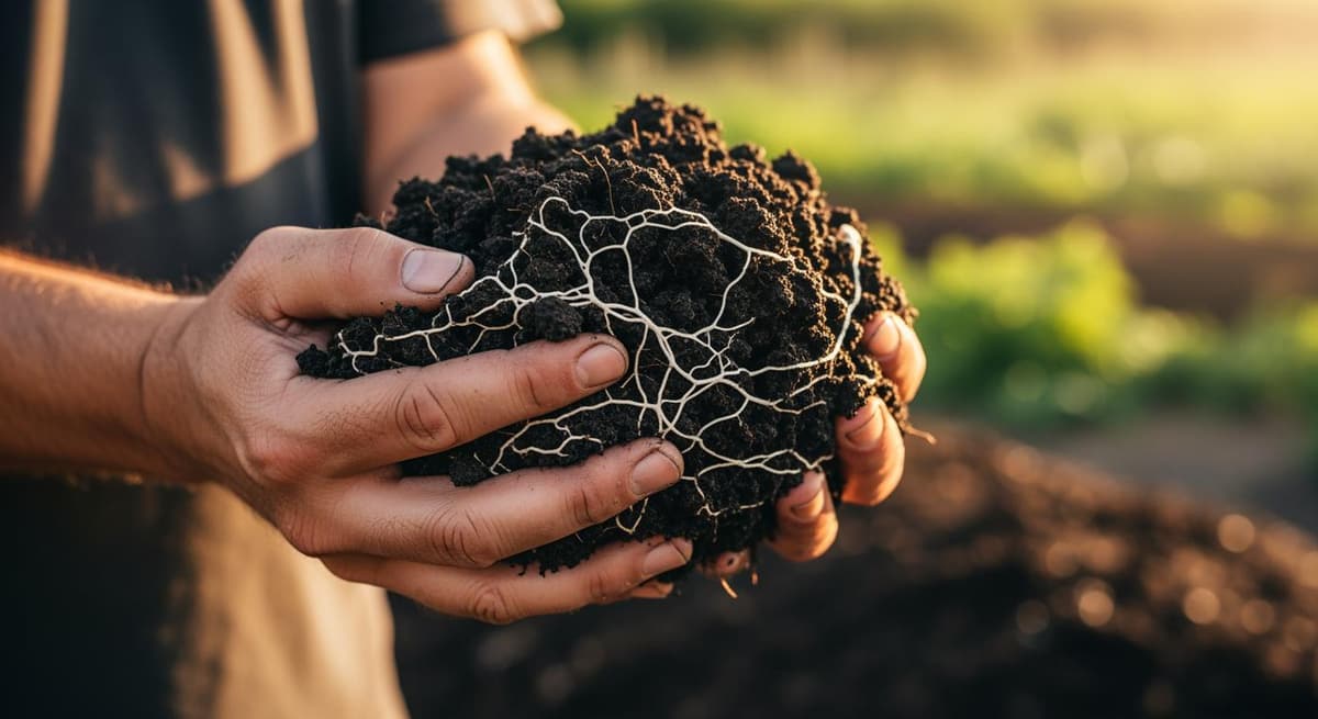 Người nông dân cầm trên tay nắm đất hữu cơ giàu dinh dưỡng nhờ ứng dụng men vi sinh