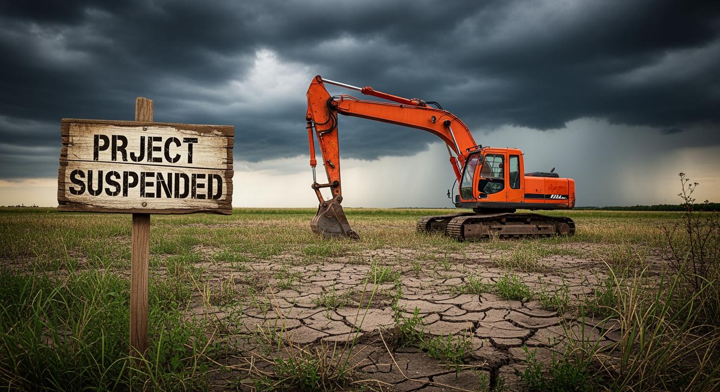 Cảnh tượng dự án nông nghiệp bị đình trệ với máy móc dừng hoạt động trên cánh đồng khô cằn