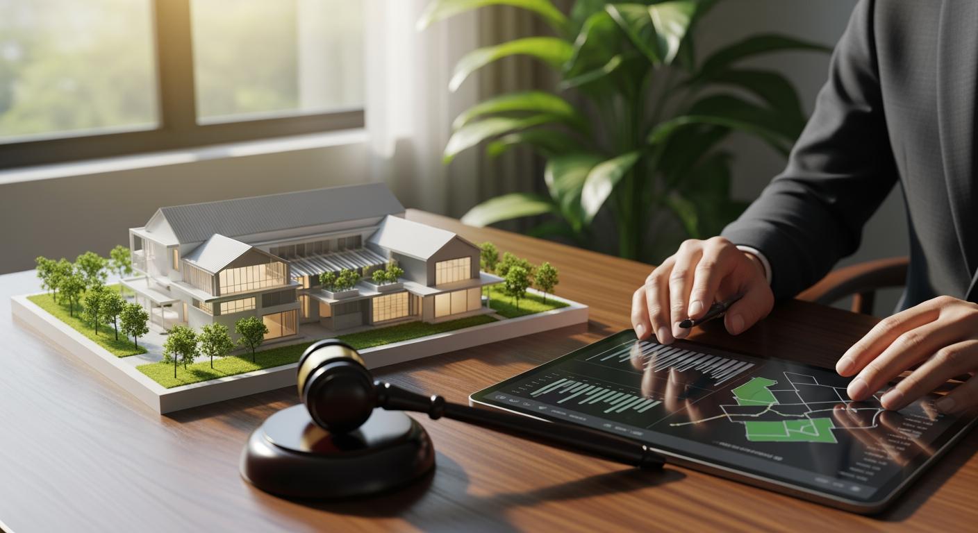 Mô hình trang trại bền vững đặt cạnh búa công lý và bản đồ quy hoạch trên bàn làm việc hiện đại