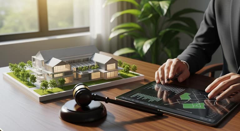 Mô hình trang trại bền vững đặt cạnh búa công lý và bản đồ quy hoạch trên bàn làm việc hiện đại