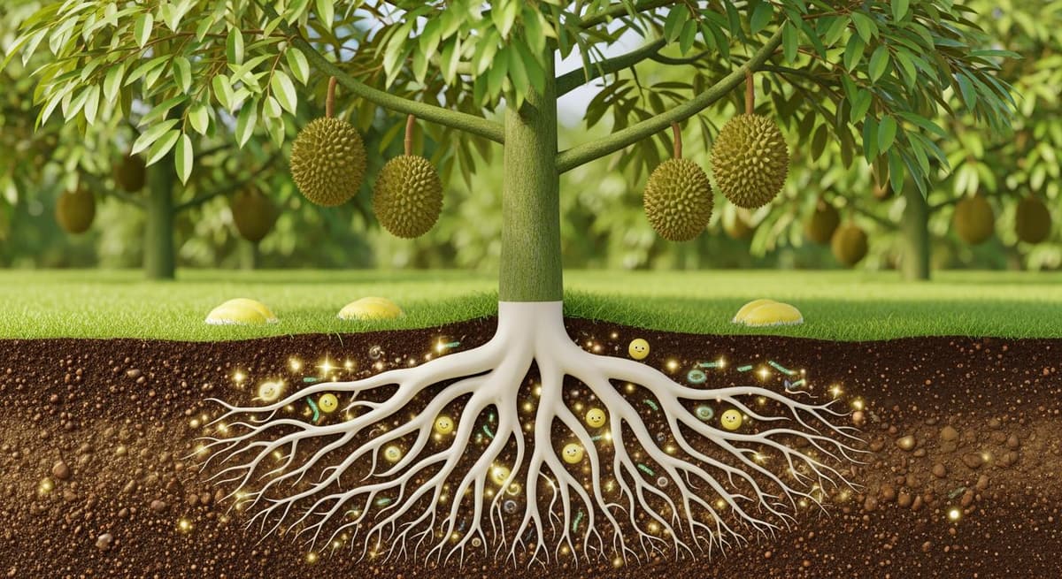 Hệ rễ sầu riêng khỏe mạnh nhờ ứng dụng giải pháp vi sinh đối kháng Phytophthora