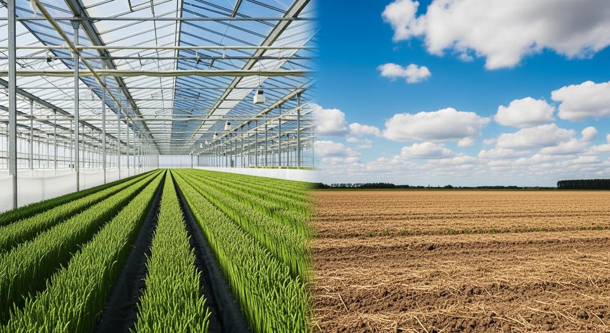 Bảng so sánh trực quan giữa vườn măng tây trong nhà màng hiện đại và canh tác ngoài trời truyền thống