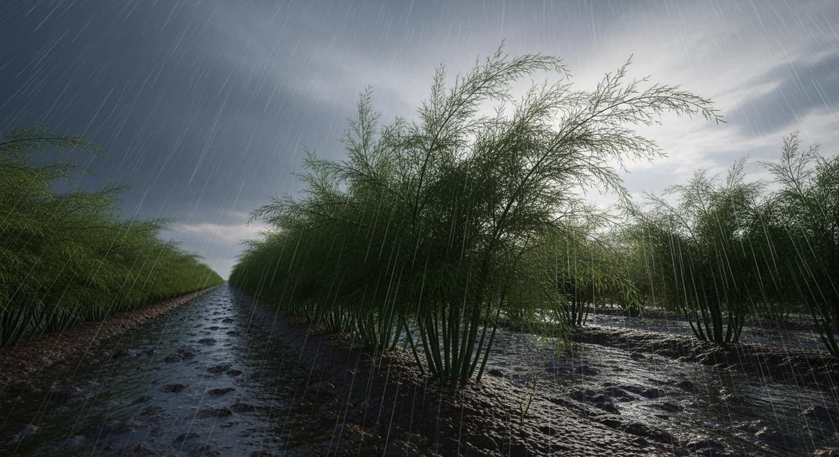 Thách thức của việc trồng măng tây ngoài trời trong mùa mưa bão với bùn đất và gió lớn