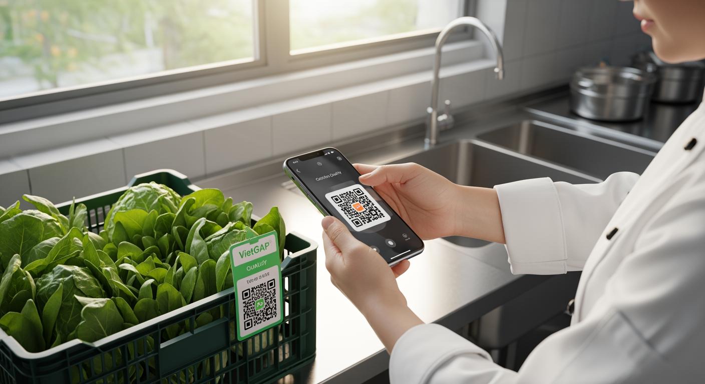 Kiểm tra tem truy xuất nguồn gốc thực phẩm VietGAP tại bếp ăn trường học bằng điện thoại