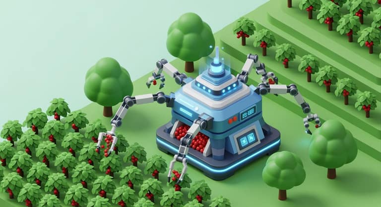 Minh họa 3D isometric robot thu hoạch thông minh đang vận hành trên cánh đồng cà phê hiện đại