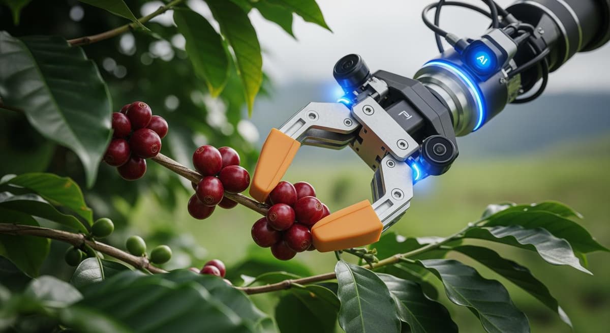 Cận cảnh cánh tay robot AI đang nhận diện và thu hoạch quả cà phê chín mọng