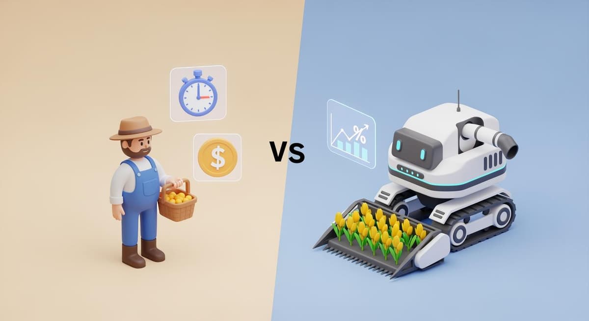 Minh họa 3D so sánh hiệu suất giữa robot nông nghiệp và lao động truyền thống