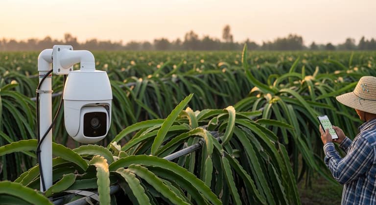 Hệ thống camera PTZ hiện đại lắp đặt tại trang trại để giám sát cây trồng