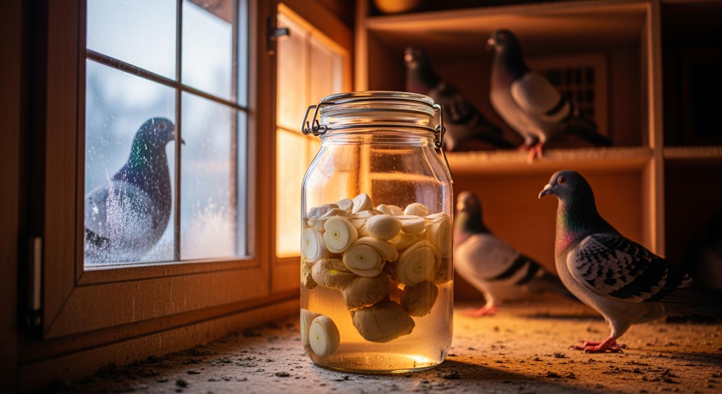 Bình rượu tỏi gừng truyền thống giúp giữ ấm và tăng đề kháng cho đàn bồ câu vào mùa đông