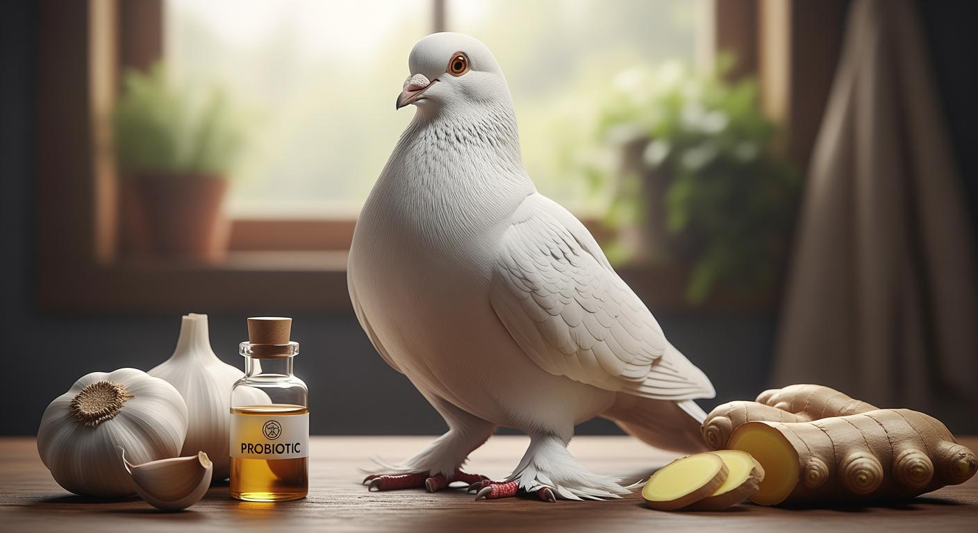 Cận cảnh chim bồ câu Pháp khỏe mạnh bên cạnh các nguyên liệu thảo dược như tỏi, gừng và men vi sinh
