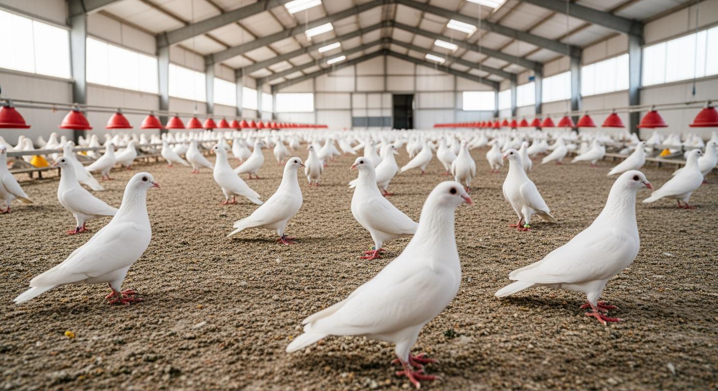 Đàn chim bồ câu Pháp khỏe mạnh, năng động trong môi trường nuôi nhốt sạch sẽ nhờ ứng dụng men vi sinh