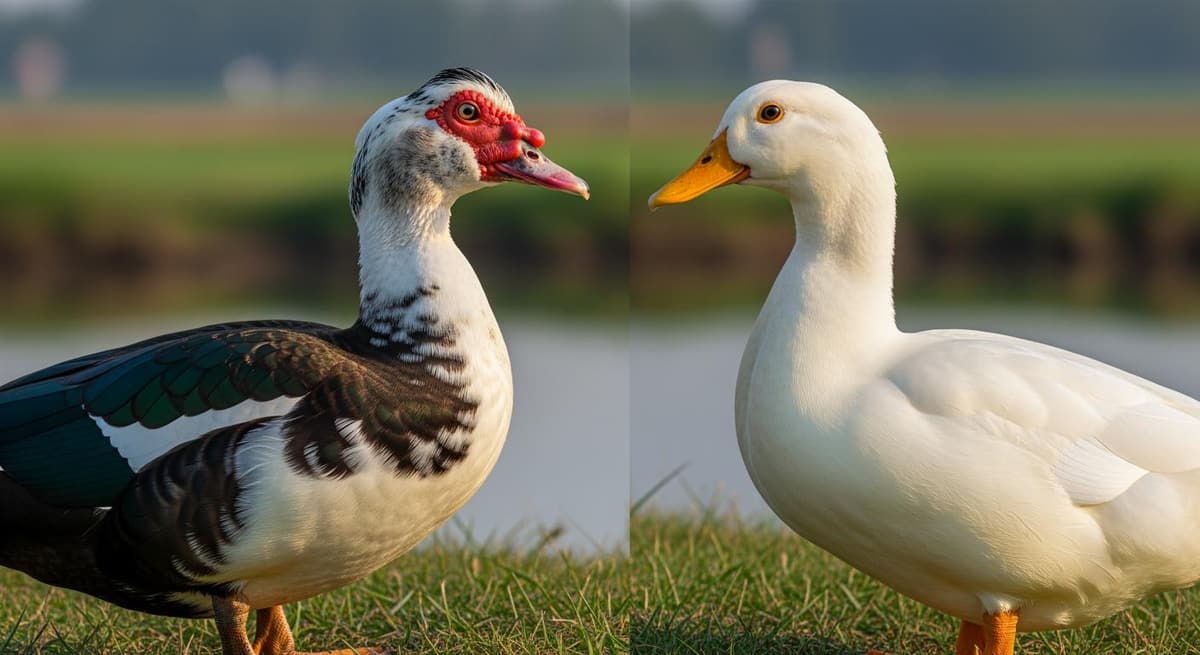 So sánh trực quan giữa vịt xiêm (ngan) với đặc điểm mào đỏ và vịt trắng thông thường tại bờ ao.