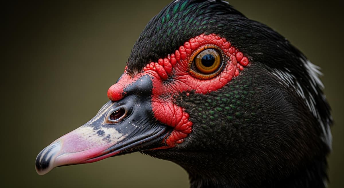 Cận cảnh thần thái sắc sảo và các nốt sần mào đỏ đặc trưng trên mặt con ngan (vịt xiêm).