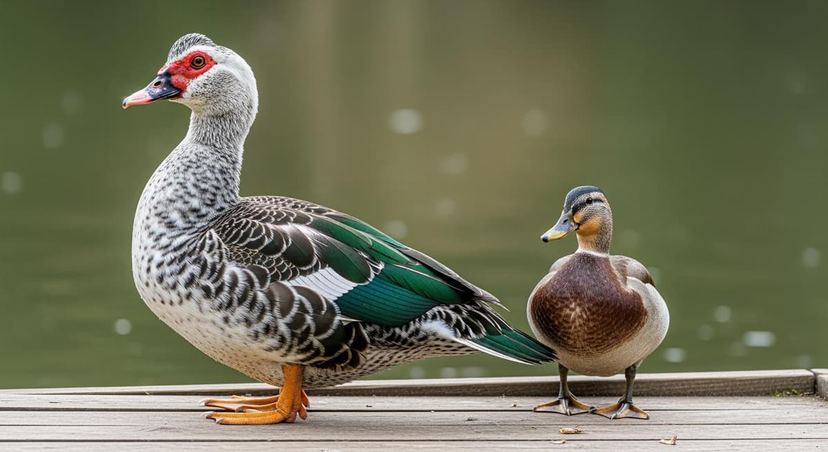 Bảng so sánh hình thể giữa vịt xiêm to lớn, cơ bắp và vịt cỏ nhỏ nhắn, nhanh nhẹn.