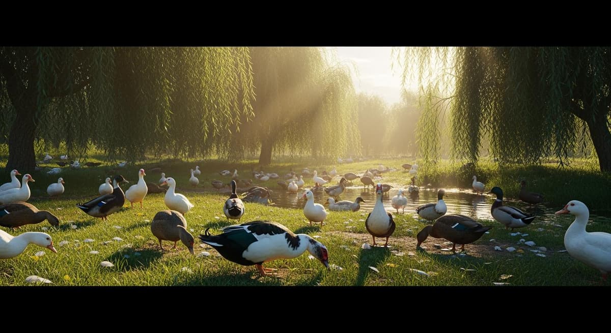 Cảnh tượng thanh bình khi nuôi chung ngan và vịt trong cùng một trang trại sinh thái.