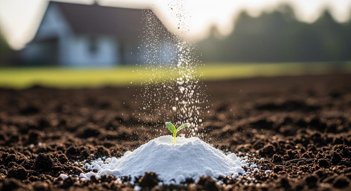 Cận cảnh vôi bột nông nghiệp trắng mịn trên nền đất tơi xốp với mầm cây xanh