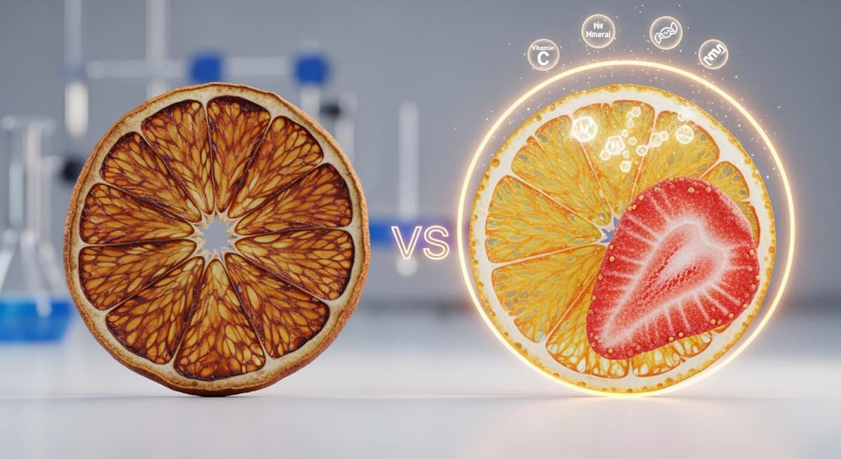 Minh họa 3D so sánh cấu trúc tế bào giữa sấy nhiệt và sấy thăng hoa