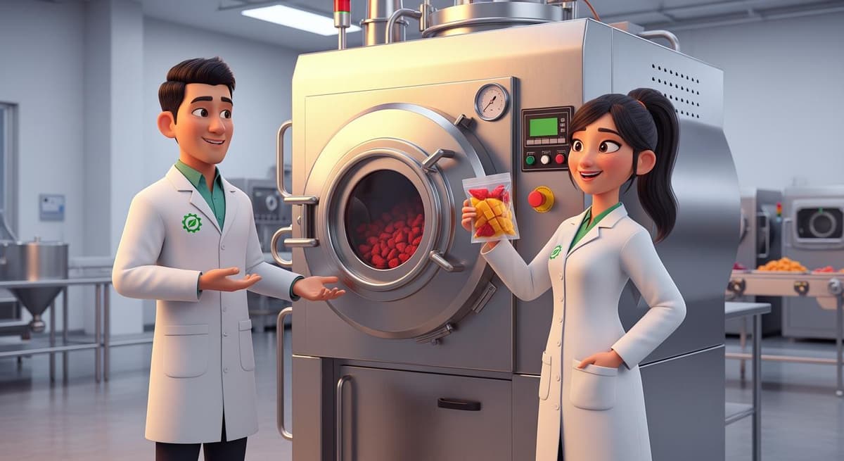 Minh họa thanh niên khởi nghiệp nông nghiệp công nghệ cao với máy sấy thăng hoa