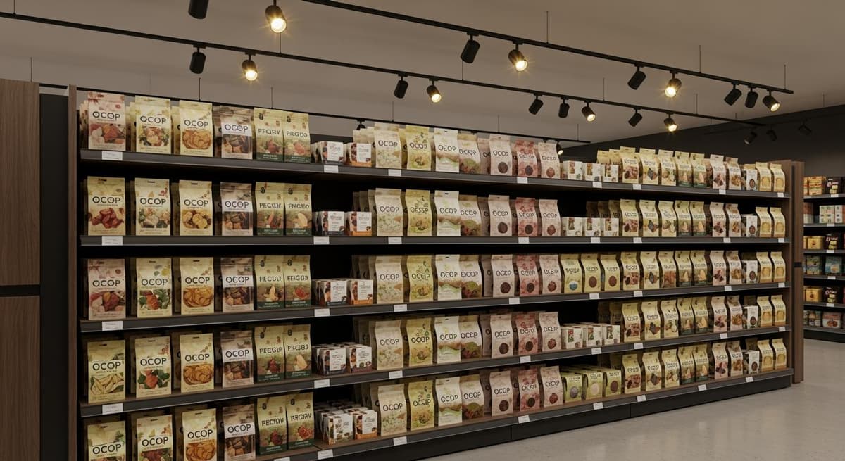 Minh họa không gian trưng bày nông sản OCOP hiện đại tại siêu thị