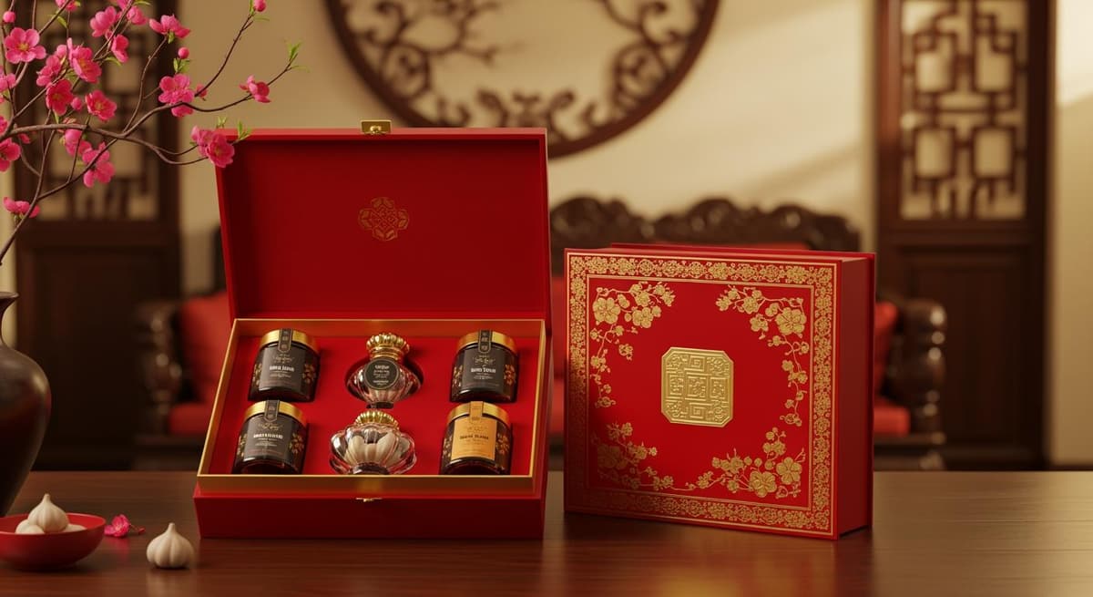 Set quà Tết tỏi đen cao cấp 2026 trong hộp sơn mài sang trọng đặt cạnh hoa đào