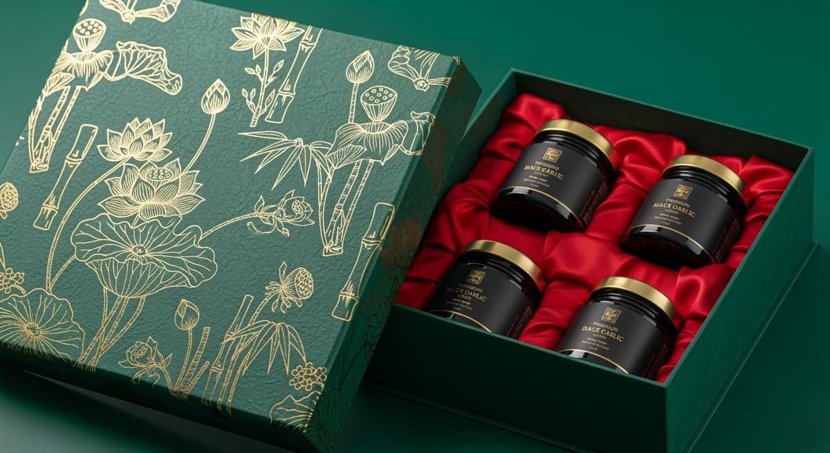 Mẫu hộp quà tết tỏi đen dành cho doanh nghiệp với thiết kế tối giản và đẳng cấp