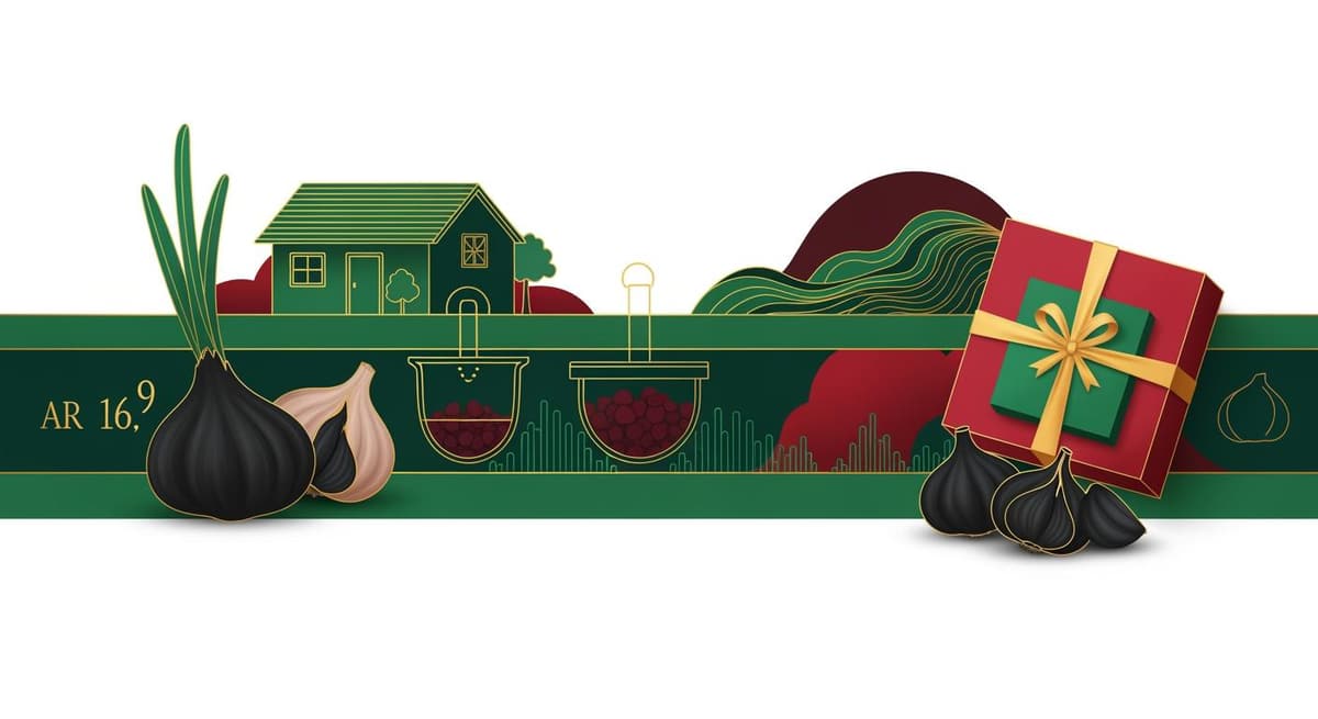 Tranh minh họa quy trình từ nông sản tỏi tươi đến set quà tặng tỏi đen OCOP hiện đại