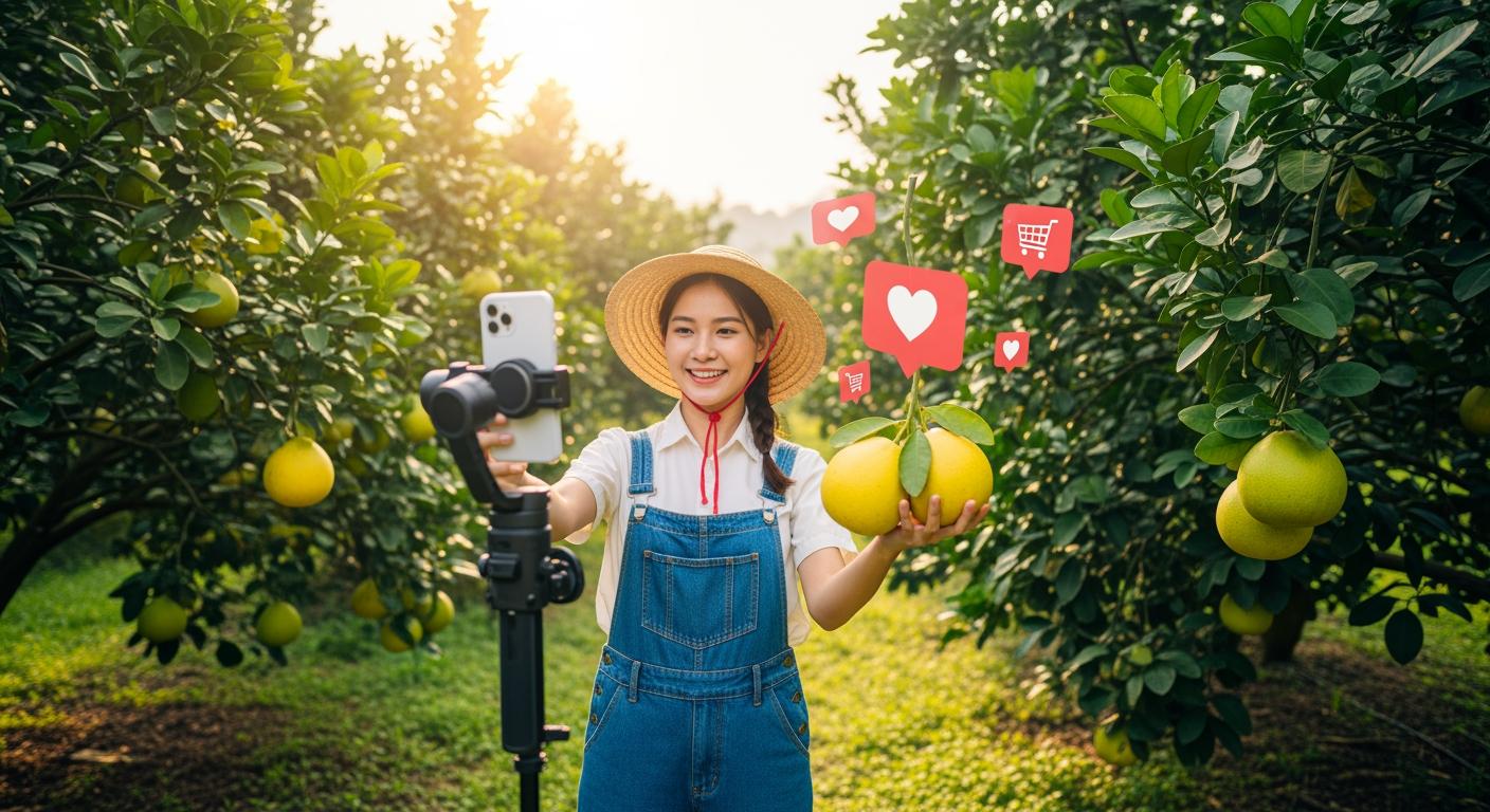 Livestream bán nông sản trực tiếp từ vườn bưởi thông qua nền tảng Zalo Mini App.