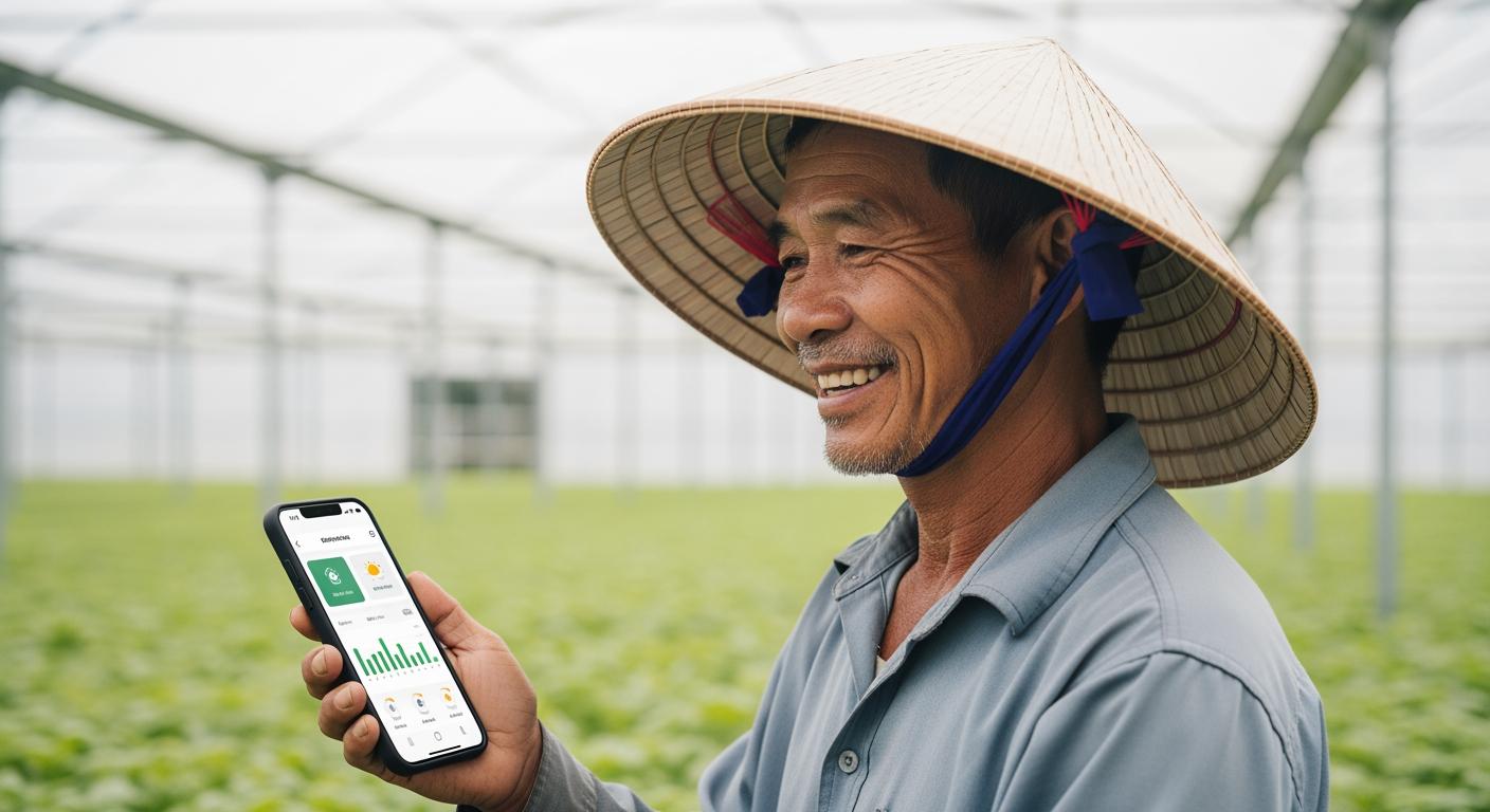 Người nông dân Việt Nam trung niên mỉm cười hạnh phúc khi sử dụng ứng dụng Zalo để quản lý trang trại thông minh.