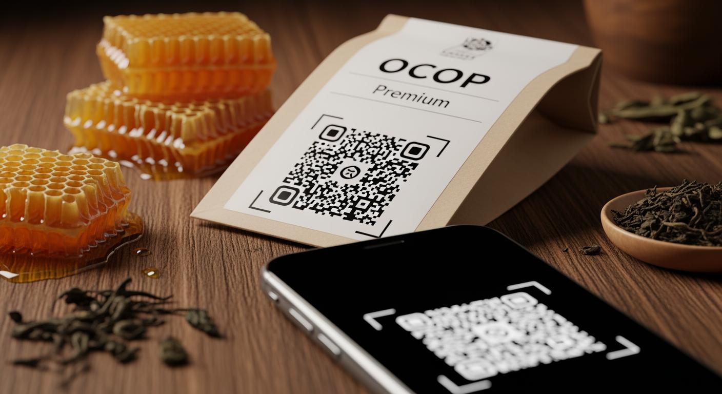 Sản phẩm OCOP cao cấp với mã QR truy xuất nguồn gốc tích hợp Zalo Mini App trên nền gỗ mộc mạc.